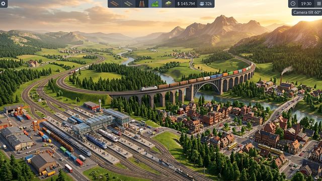 Concept art of a mountain valley with a viaduct, town and station yard. Not in-engine.