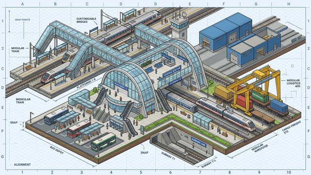 Isometric concept sheet of a modular station with platforms, bus depot and cargo yard. Not in-engine.