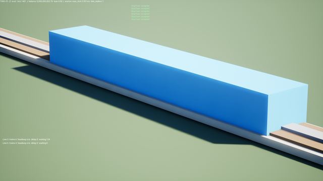 A light-blue box on a straight railway track, an early placeholder for a locomotive.