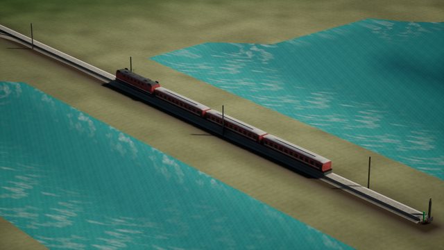 A red electric locomotive and three passenger coaches on a raised line with overhead-wire masts, between two stretches of water
