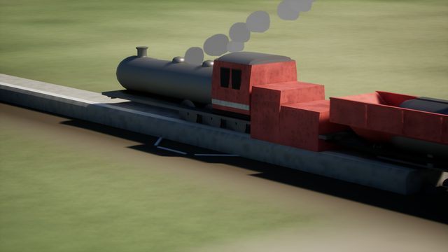 Close view of a black-and-red steam locomotive with smoke puffs and a red open wagon