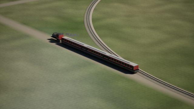 A steam locomotive with smoke puffs hauls three passenger coaches beside a curved line on grassland