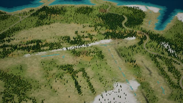 Aerial view over forested hills, small lakes and clearings, with sea at the top of the frame.