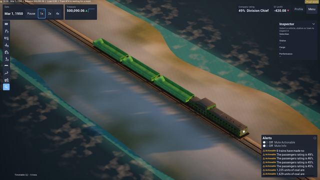 Green freight train running along a narrow strip of land between water at dusk, HUD around the edges.