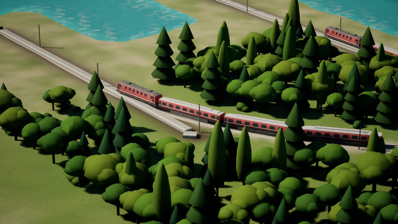 Red electric trains on catenary-lined tracks beside a forest and a lake, low-poly 3D render.