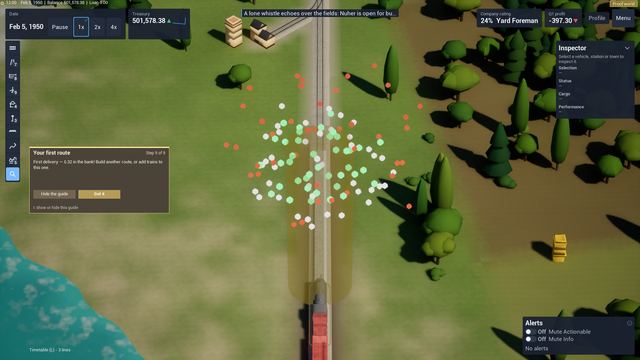 Fireworks above a train on a line through forest, with the first-route guide panel and HUD visible.