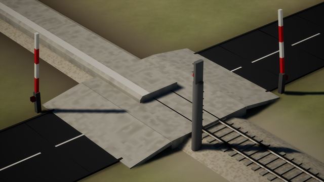 Road level crossing with striped barriers, a signal post and a railway track, seen from above.