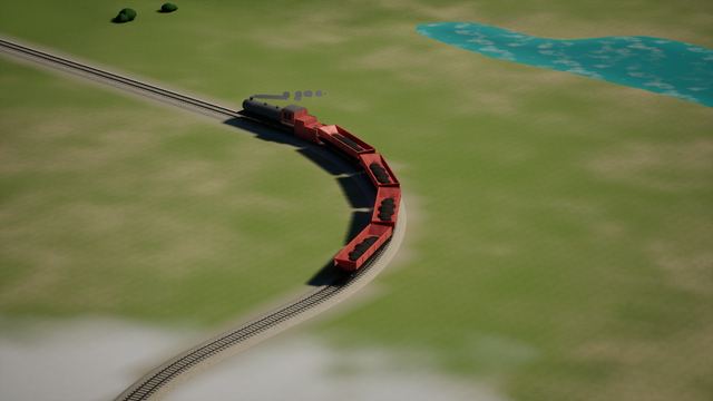 Steam locomotive pulling red coal wagons round a curve on a grassy plain, lake at top.