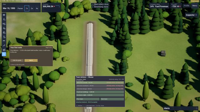 Town Actions panel over a forested scene with a single track, plus the first-route guide panel.