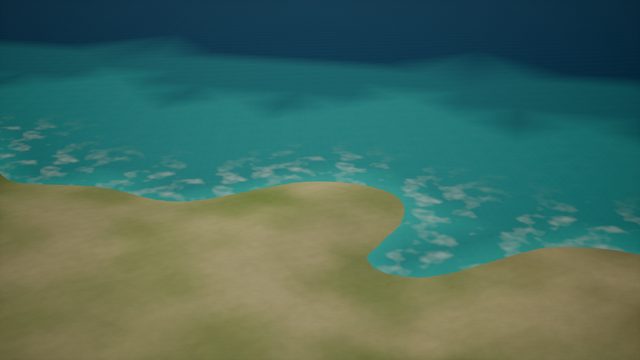 Low aerial view of a grassy coast curving round a small cove, with pale foam in the shallow turquoise water